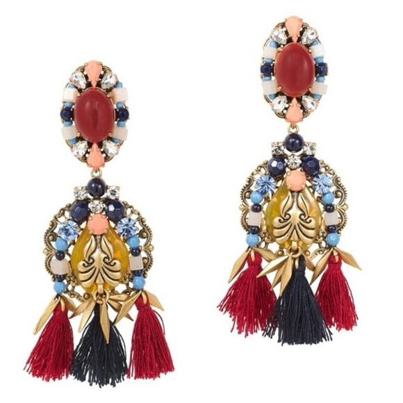 J. Crew Jewelry - J. Crew Tassel Trim Burgundy Navy Multi Light Gold Ox Brass Statement Earrings